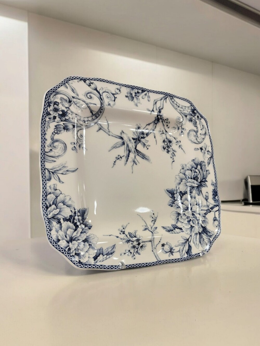 222 Fifth Adelaide Set Of 2  Blue White Toile Square Salad Birds Plates